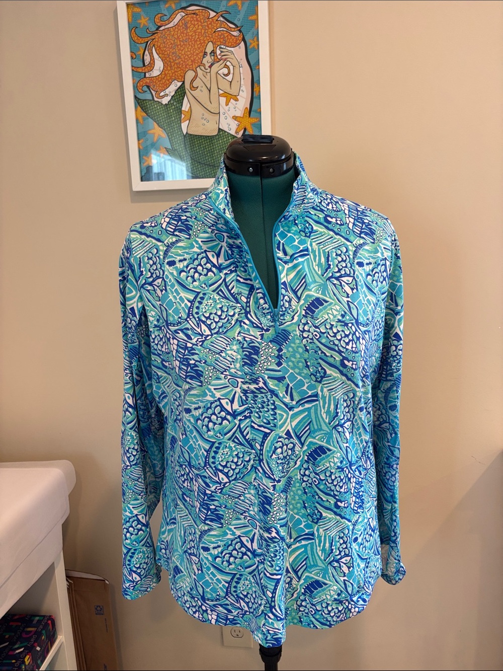 IBKUL Turquoise Blue Green Abstract Zip-Front Long Sleeve Top